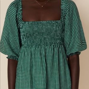 Faithfull the Brand green and white checkered off the shoulder dress